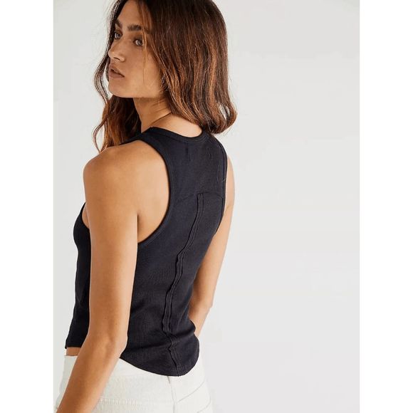 Free People Women's Gold Valley Rib Racerback Tank - Black XS - Picture 6 of 6